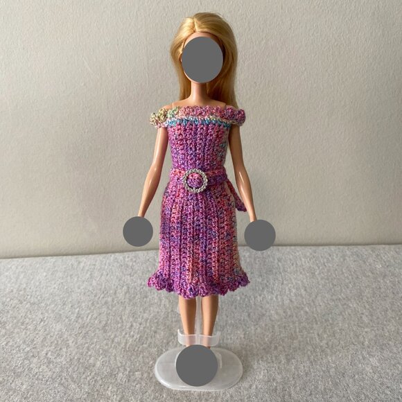 Handmade Crochet Pink Multicolour Dress+Cape+Belt for 29cm Doll 3-Piece Outfit - Picture 9 of 13